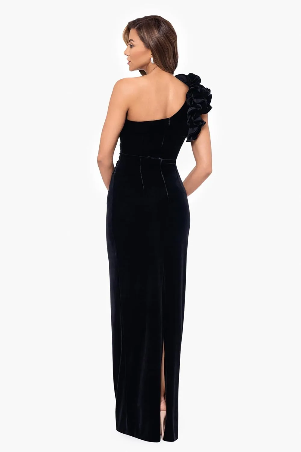 Xscape Women's Long One Velvet Dress with Ruffle Shoulder and Center Back Zipper