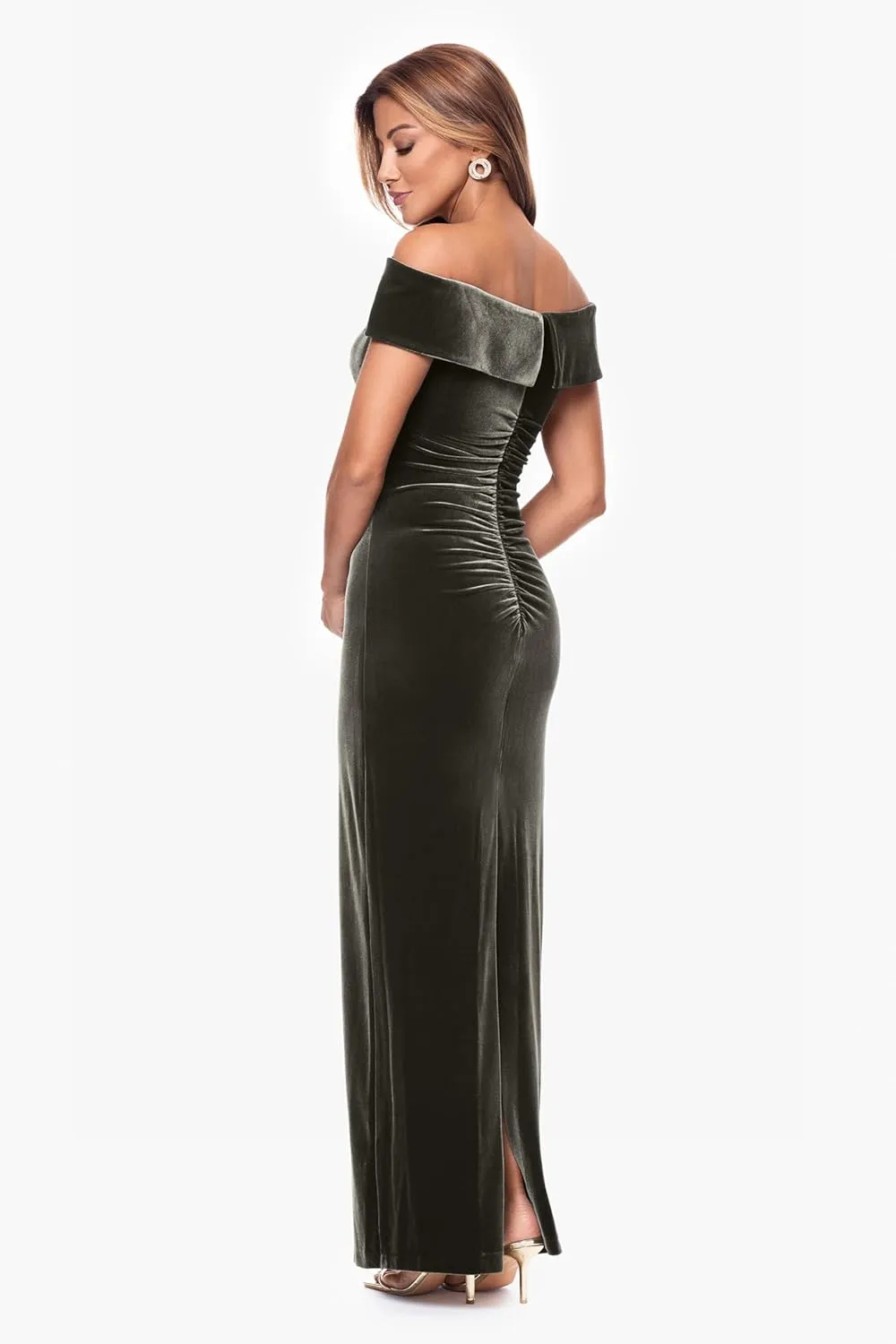 Xscape Women's Velvet Off-The-Shoulder Popover Maxi Dress with Zippered Back Closure