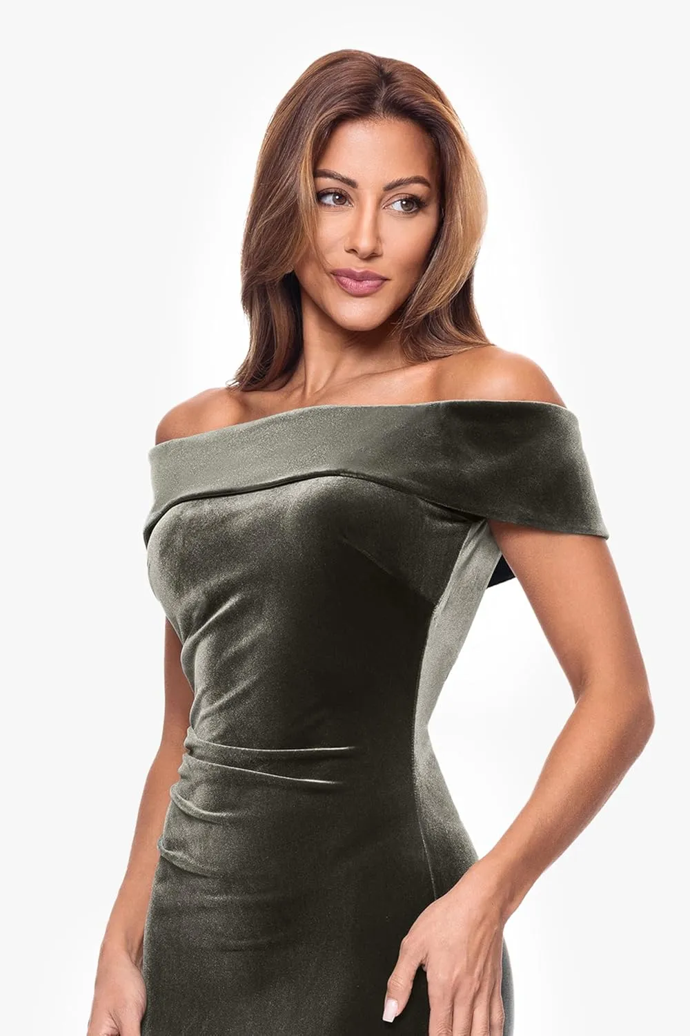 Xscape Women's Velvet Off-The-Shoulder Popover Maxi Dress with Zippered Back Closure