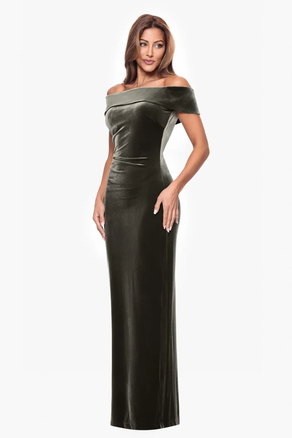 Xscape Women's Velvet Off-The-Shoulder Popover Maxi Dress with Zippered Back Closure