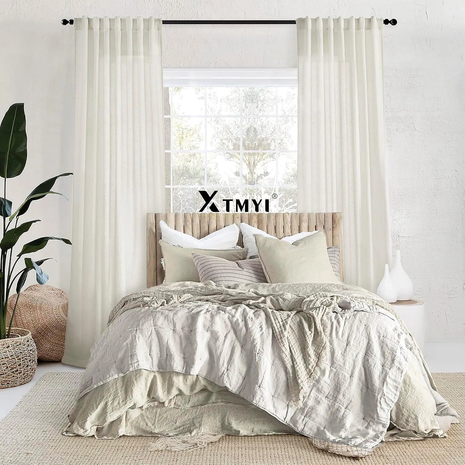XTMYI 105 Inch Curtains 2 Panels Set Custom Length Back Tab Linen Window Sheer Curtain Drapes for Living Room Bedroom,50x105 in Long,Cream(Ivory/Off White)