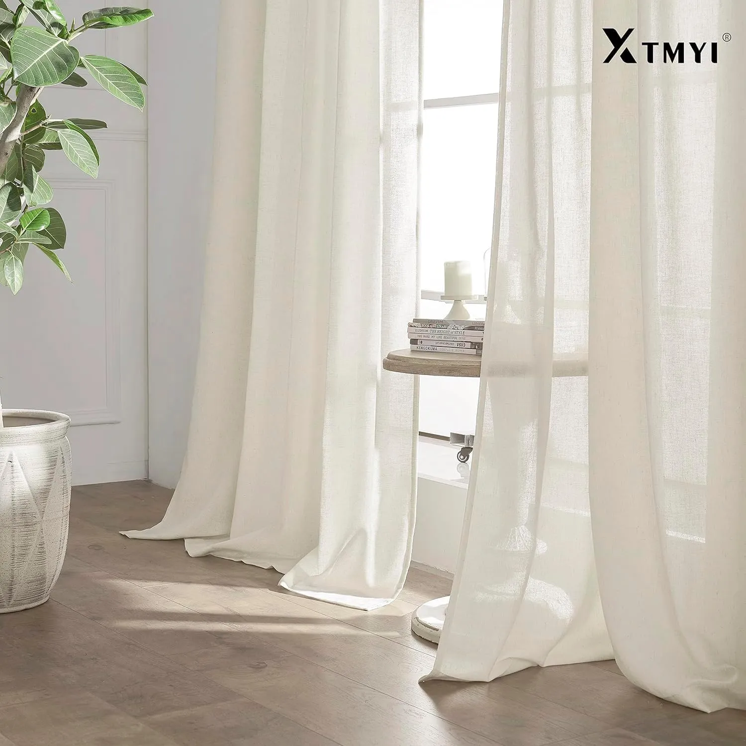 XTMYI 105 Inch Curtains 2 Panels Set Custom Length Back Tab Linen Window Sheer Curtain Drapes for Living Room Bedroom,50x105 in Long,Cream(Ivory/Off White)