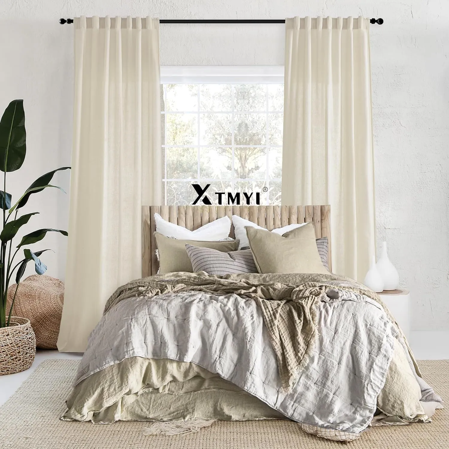 XTMYI Country Curtains for Living Room,96 Inches Long Beige Sheer Linen Shabby Chic Curtains for Bedroom