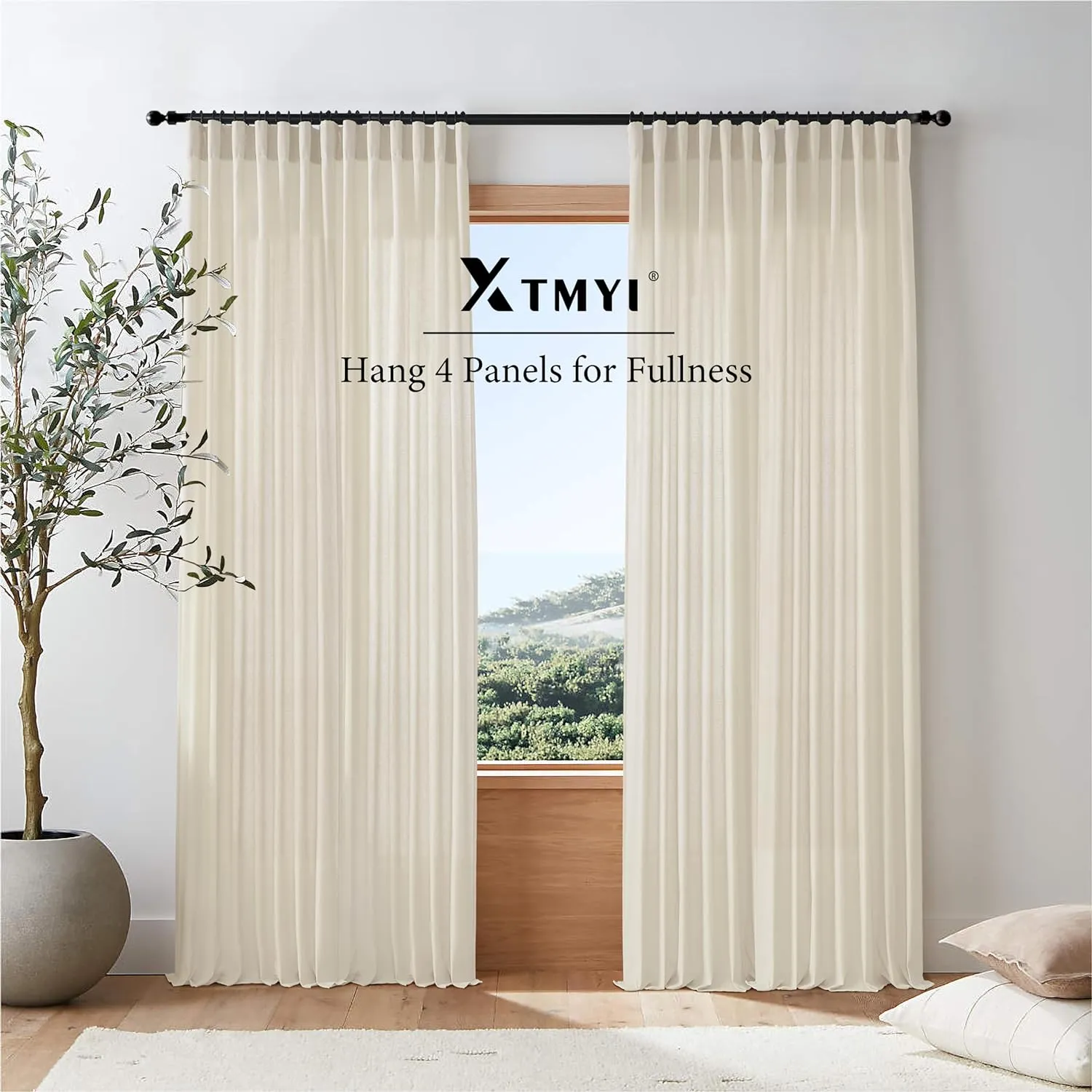 XTMYI Country Curtains for Living Room,96 Inches Long Beige Sheer Linen Shabby Chic Curtains for Bedroom