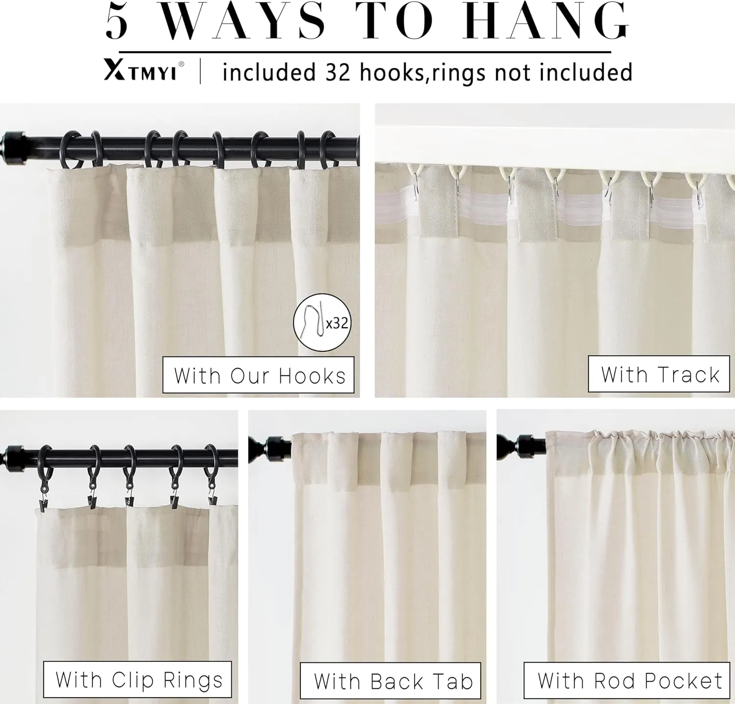 XTMYI Country Curtains for Living Room,96 Inches Long Beige Sheer Linen Shabby Chic Curtains for Bedroom