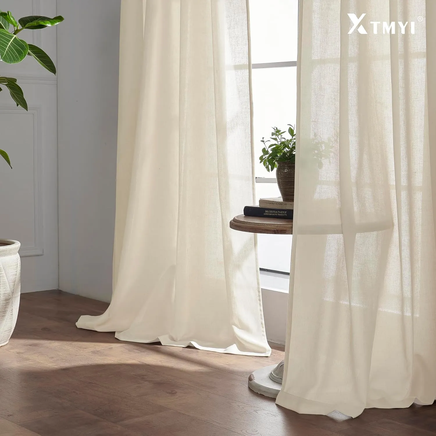 XTMYI Country Curtains for Living Room,96 Inches Long Beige Sheer Linen Shabby Chic Curtains for Bedroom