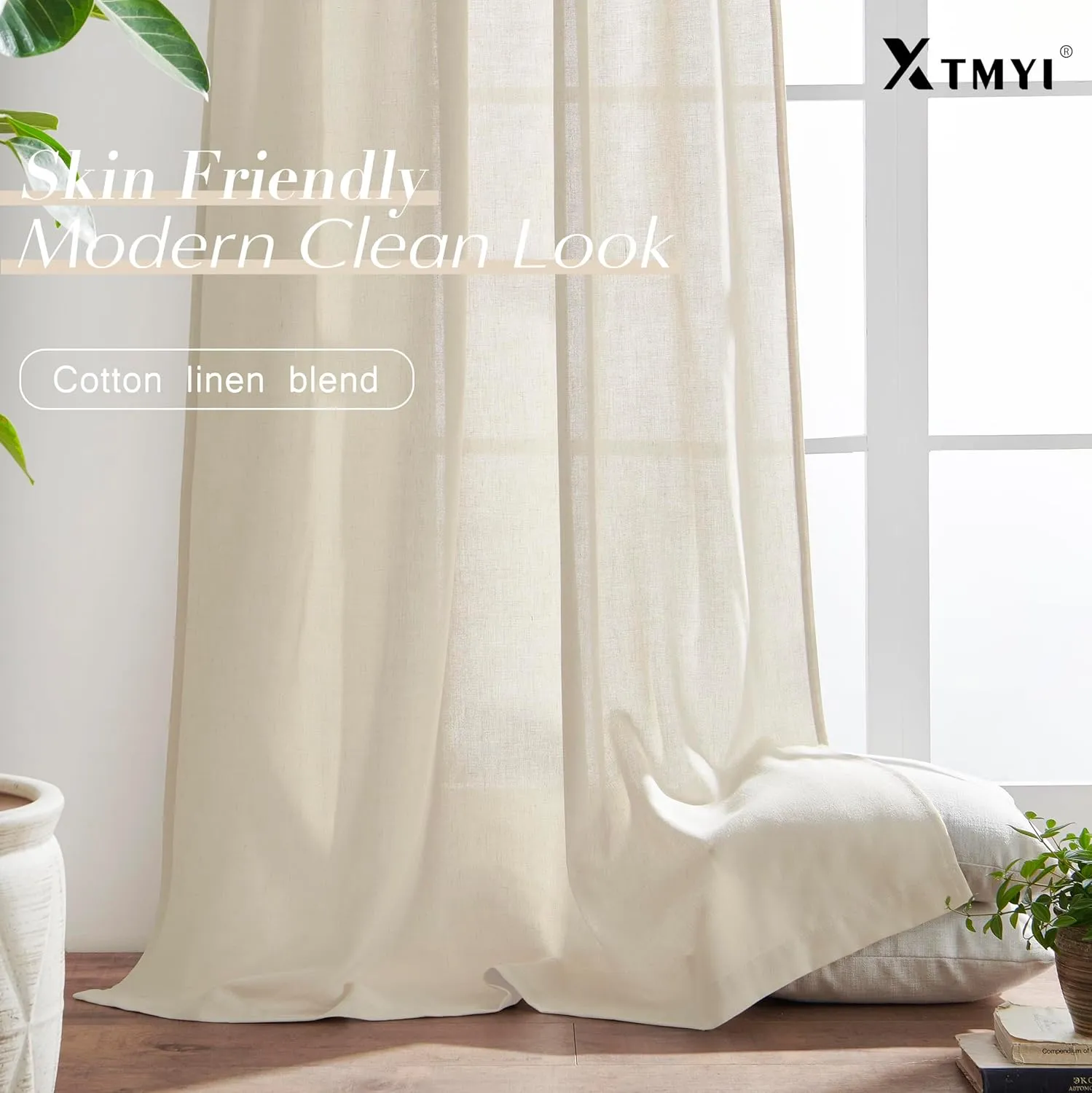 XTMYI Country Curtains for Living Room,96 Inches Long Beige Sheer Linen Shabby Chic Curtains for Bedroom