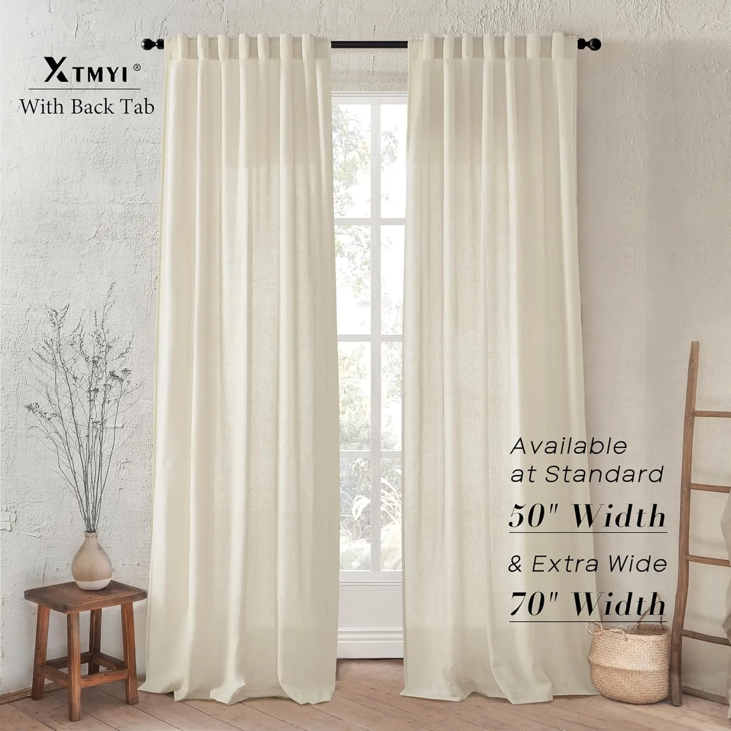 XTMYI Country Curtains for Living Room,96 Inches Long Beige Sheer Linen Shabby Chic Curtains for Bedroom