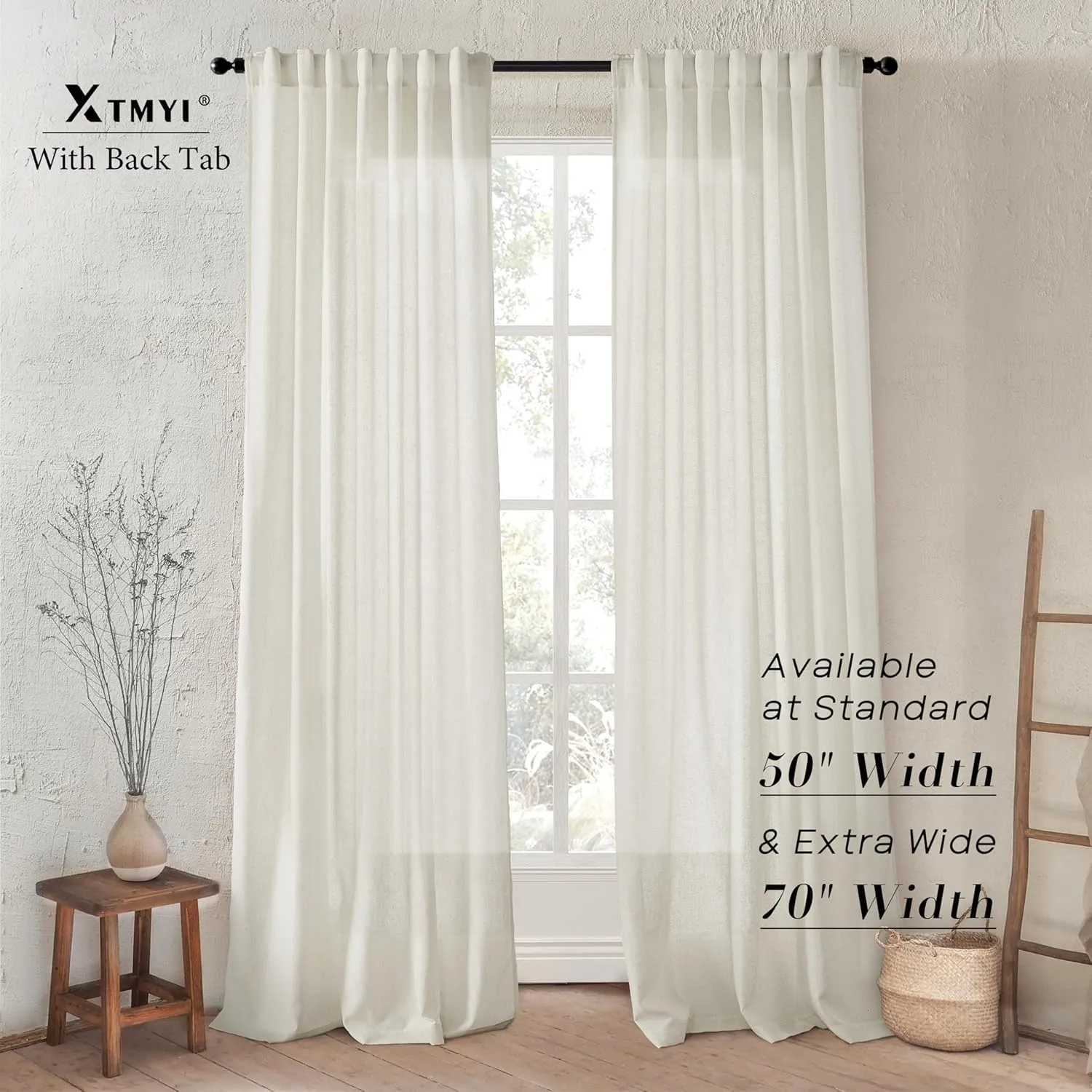XTMYI Linen Cotton Farmhouse Curtains for Living Room Bedroom 84 Inches Long Two Sheer Hook Belt Pleated Back Tab Birch Off White Ivory Neutral Boho Sour Cream Curtain Drapes 84 Length 2 Panels Set