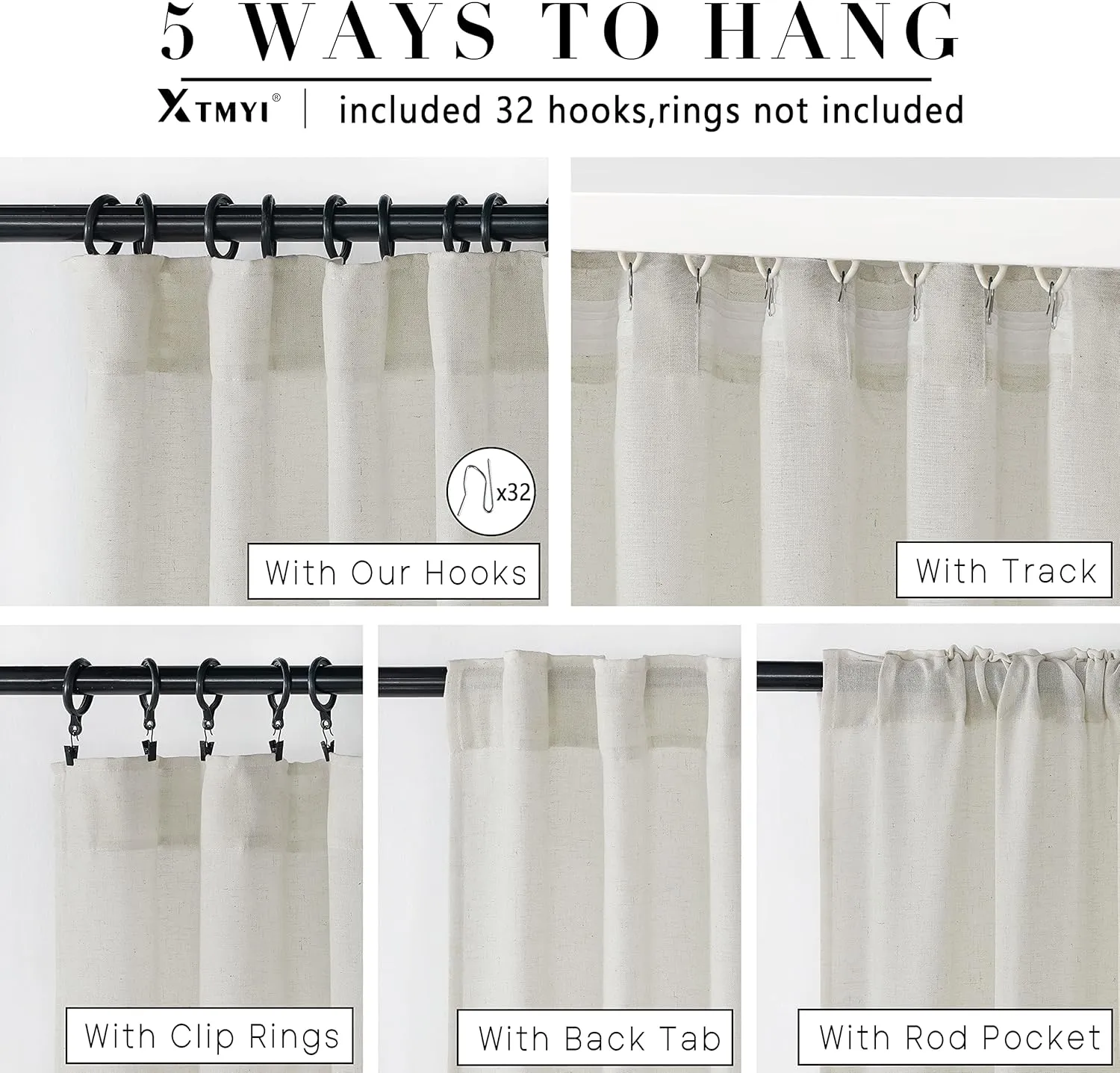XTMYI Linen Cotton Farmhouse Curtains for Living Room Bedroom 84 Inches Long Two Sheer Hook Belt Pleated Back Tab Birch Off White Ivory Neutral Boho Sour Cream Curtain Drapes 84 Length 2 Panels Set