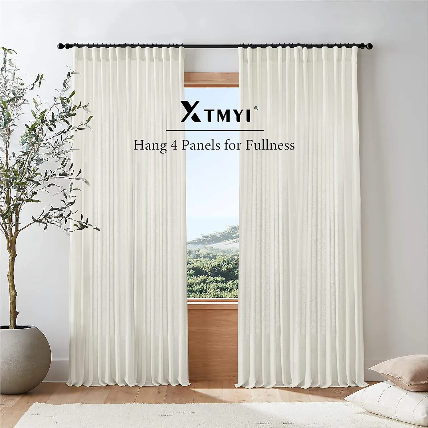 XTMYI Linen Cotton Farmhouse Curtains for Living Room Bedroom 84 Inches Long Two Sheer Hook Belt Pleated Back Tab Birch Off White Ivory Neutral Boho Sour Cream Curtain Drapes 84 Length 2 Panels Set