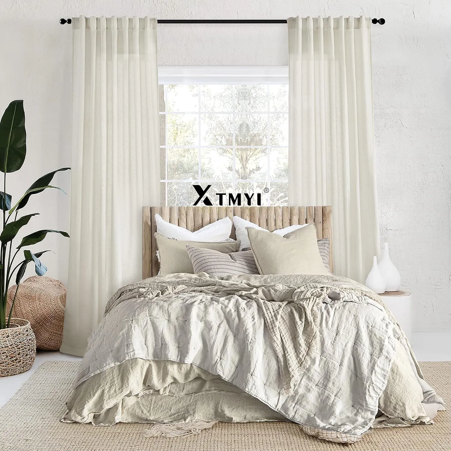 XTMYI Linen Cotton Farmhouse Curtains for Living Room Bedroom 84 Inches Long Two Sheer Hook Belt Pleated Back Tab Birch Off White Ivory Neutral Boho Sour Cream Curtain Drapes 84 Length 2 Panels Set