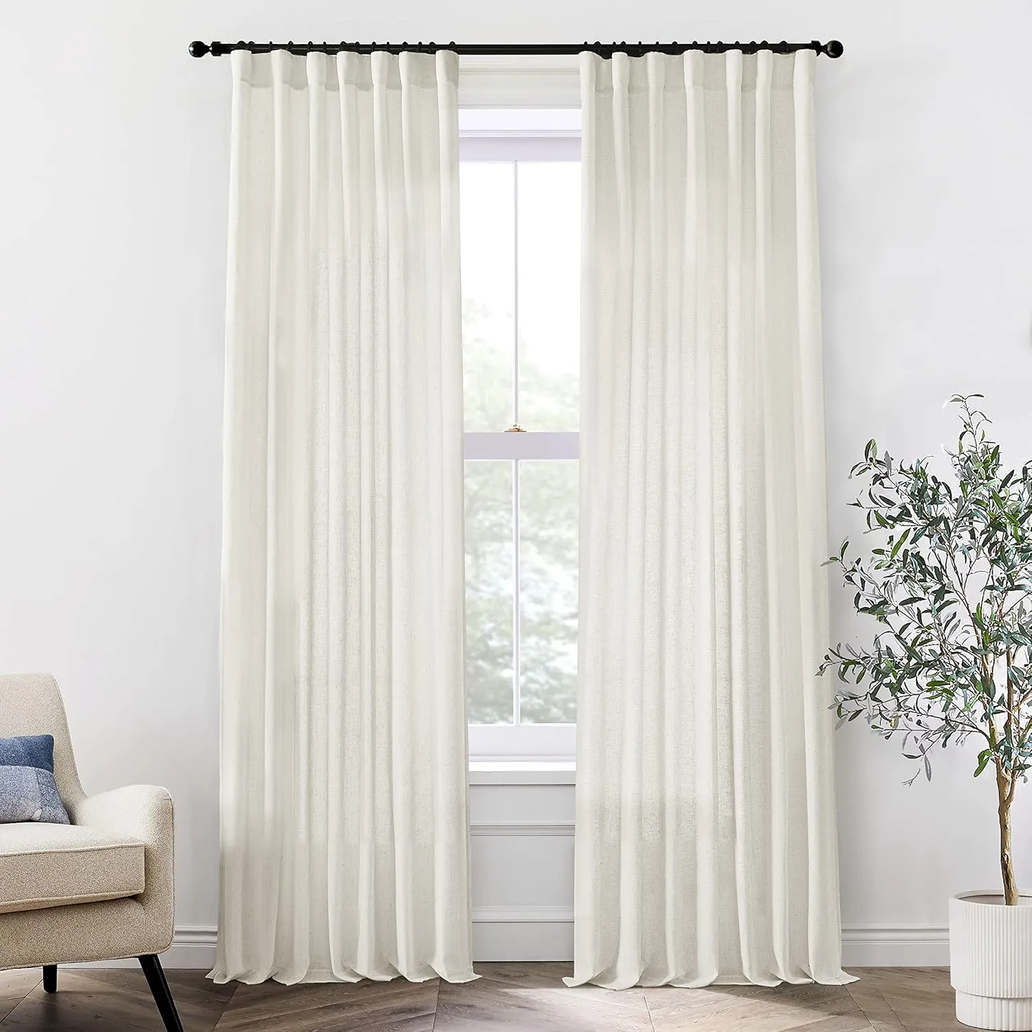 XTMYI Linen Cotton Farmhouse Curtains for Living Room Bedroom 84 Inches Long Two Sheer Hook Belt Pleated Back Tab Birch Off White Ivory Neutral Boho Sour Cream Curtain Drapes 84 Length 2 Panels Set