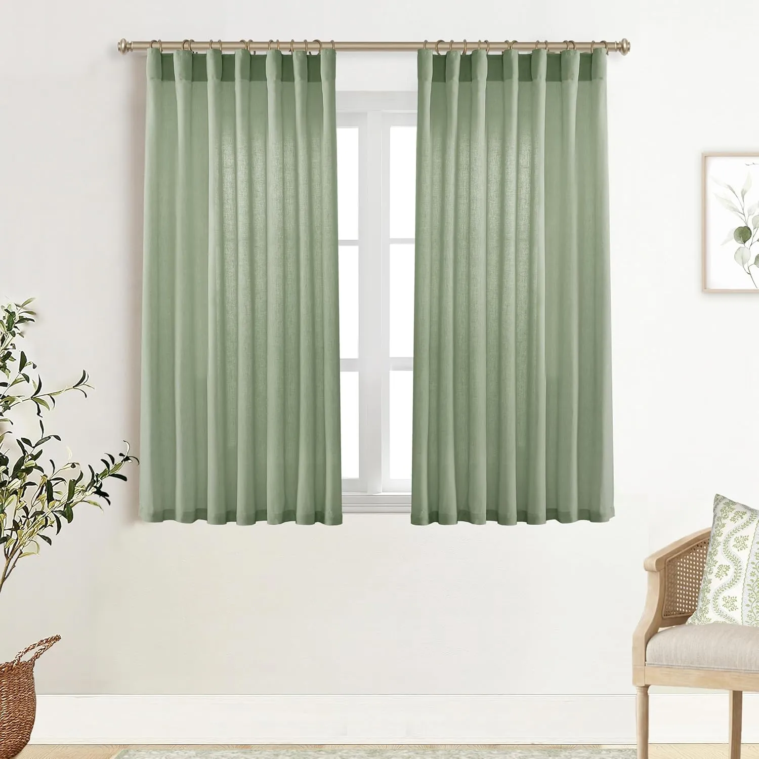 XTMYI Sage Green Back Tab/Hook Belt Linen Cotton Sheer Curtains 45 Inch Length for Bathroom Bedroom 2 Panels Set