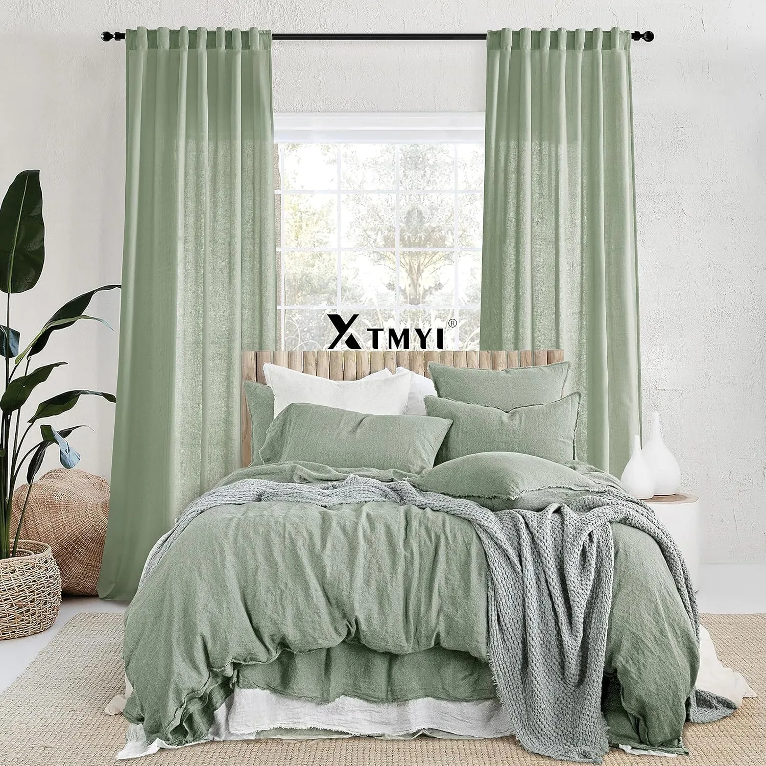 XTMYI Sage Green Back Tab/Hook Belt Linen Cotton Sheer Curtains 45 Inch Length for Bathroom Bedroom 2 Panels Set