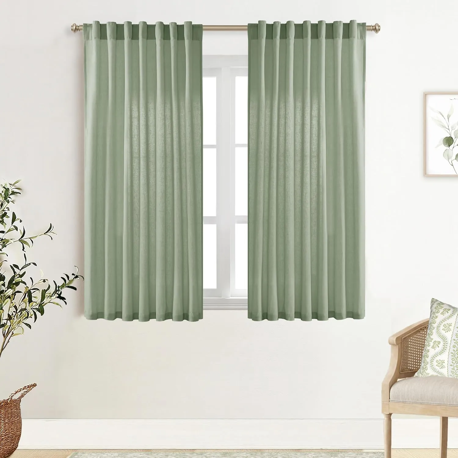 XTMYI Sage Green Back Tab/Hook Belt Linen Cotton Sheer Curtains 45 Inch Length for Bathroom Bedroom 2 Panels Set