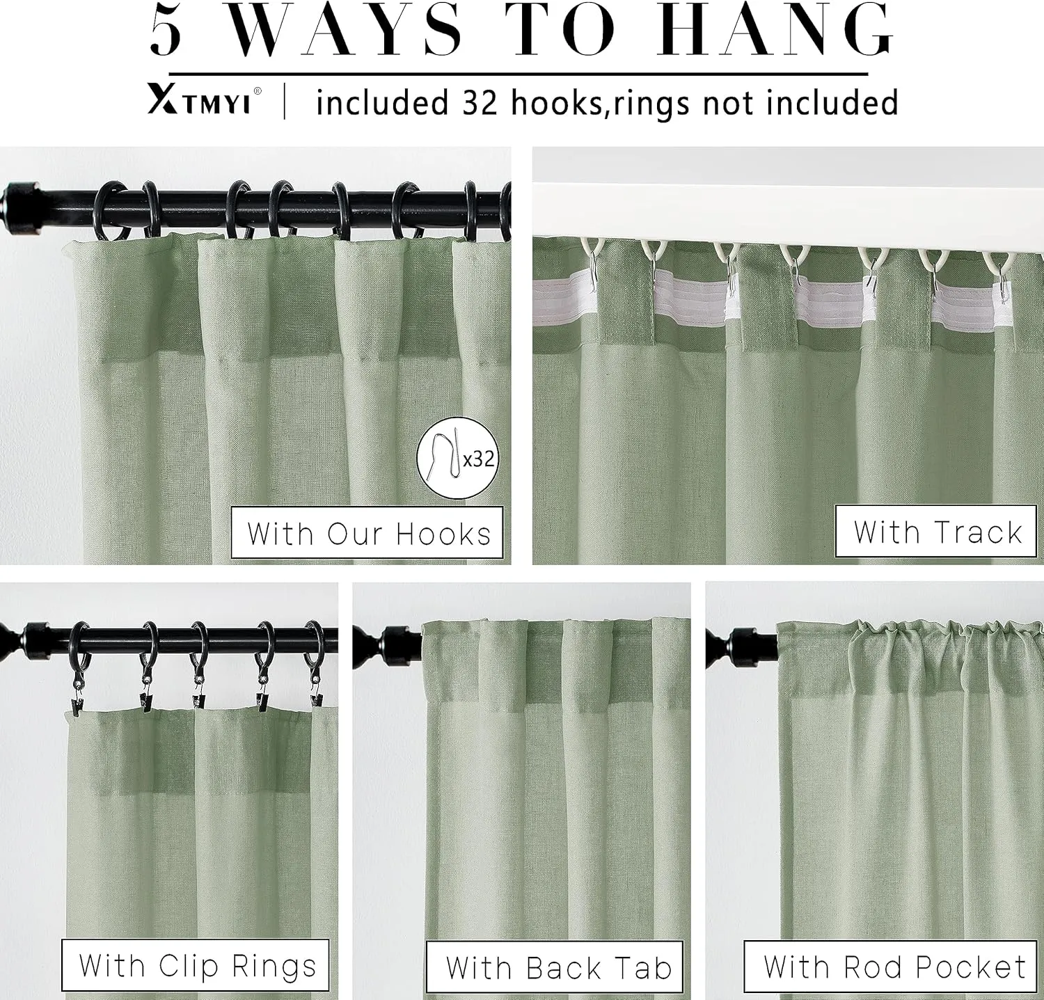 XTMYI Sage Green Curtains 84 Inches Long for Living Room,Window Coverings 60-70% Heat Blocking Hooks Pleated Back Tab Linen Summer Curtains for Bedroom,84 Inch Length 2 Panels Set,Light Green