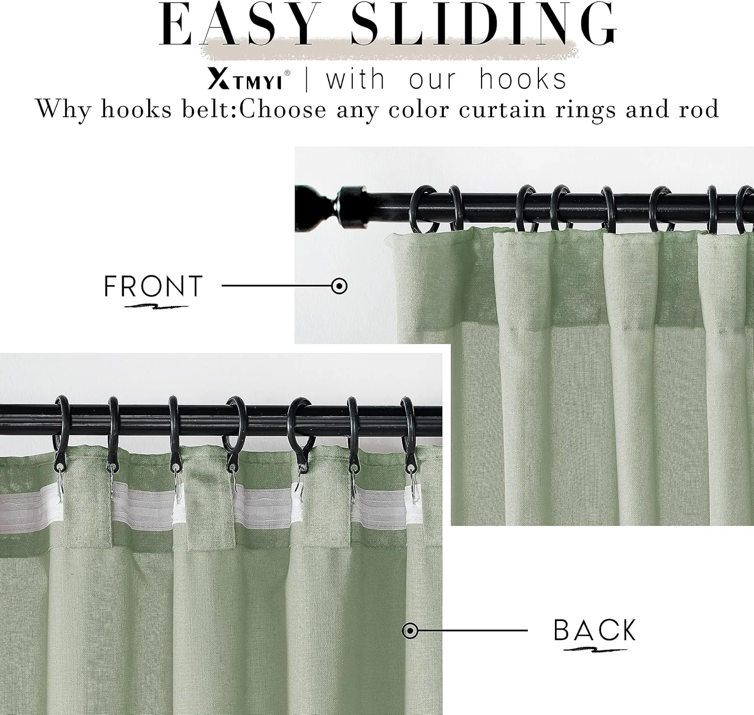 XTMYI Sage Green Curtains 84 Inches Long for Living Room,Window Coverings 60-70% Heat Blocking Hooks Pleated Back Tab Linen Summer Curtains for Bedroom,84 Inch Length 2 Panels Set,Light Green