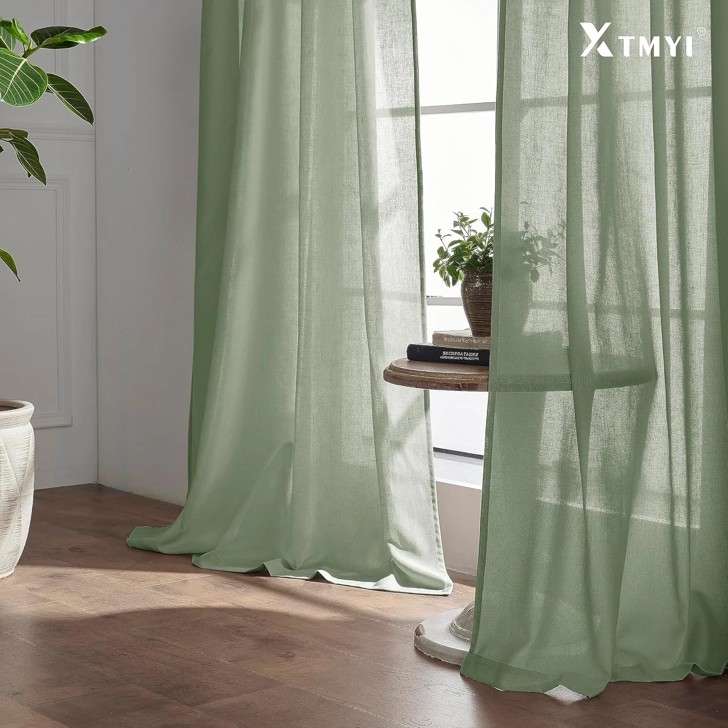 XTMYI Sage Green Curtains 84 Inches Long for Living Room,Window Coverings 60-70% Heat Blocking Hooks Pleated Back Tab Linen Summer Curtains for Bedroom,84 Inch Length 2 Panels Set,Light Green