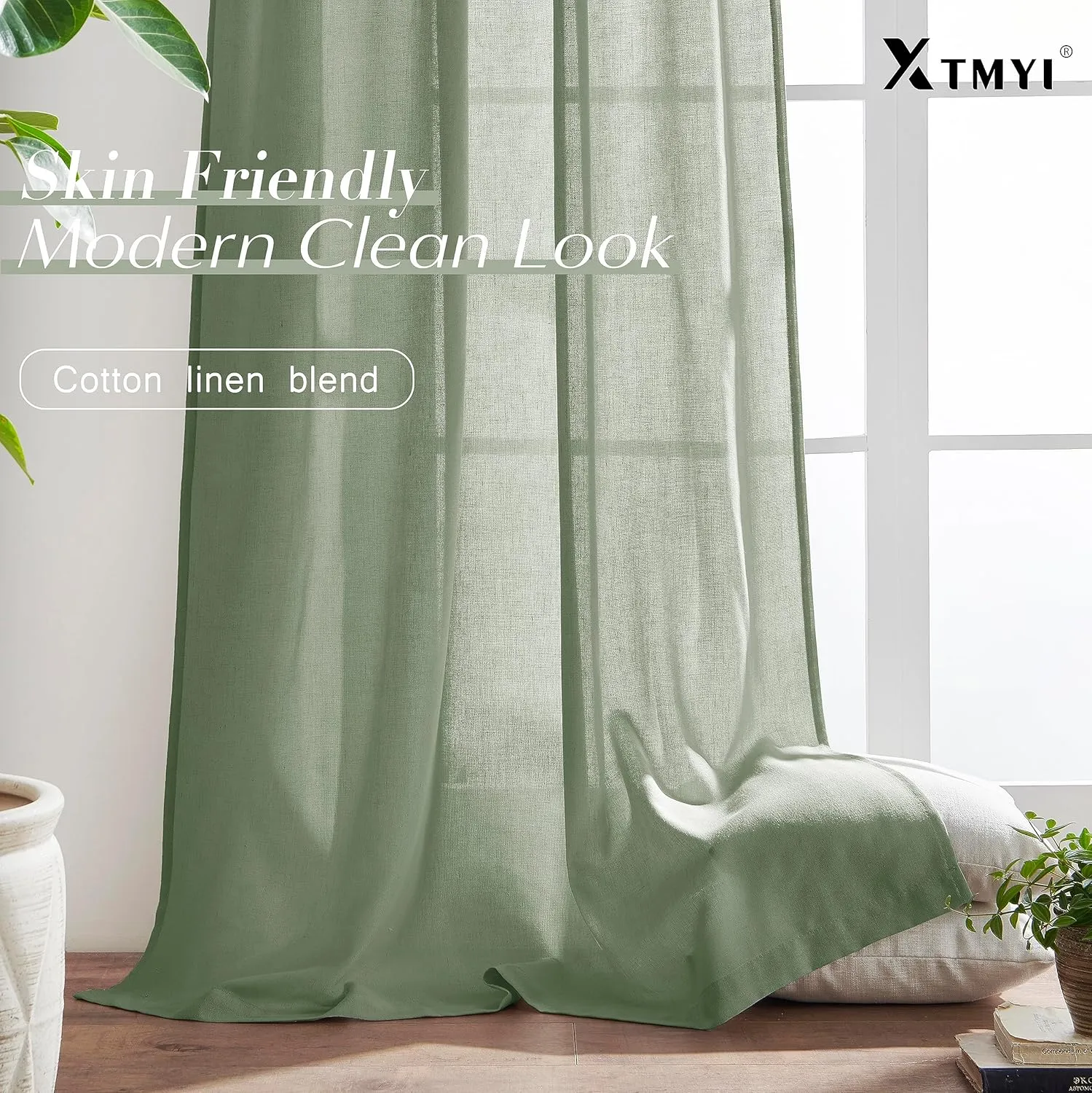 XTMYI Sage Green Curtains 84 Inches Long for Living Room,Window Coverings 60-70% Heat Blocking Hooks Pleated Back Tab Linen Summer Curtains for Bedroom,84 Inch Length 2 Panels Set,Light Green