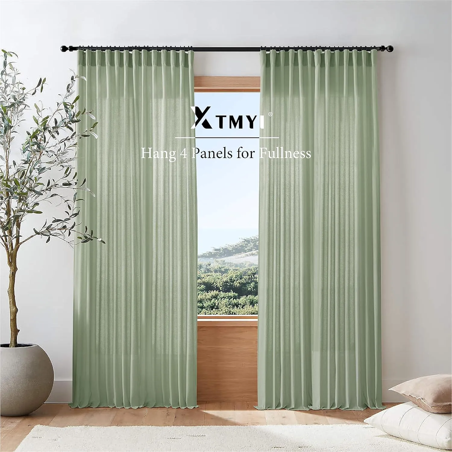 XTMYI Sage Green Curtains 84 Inches Long for Living Room,Window Coverings 60-70% Heat Blocking Hooks Pleated Back Tab Linen Summer Curtains for Bedroom,84 Inch Length 2 Panels Set,Light Green