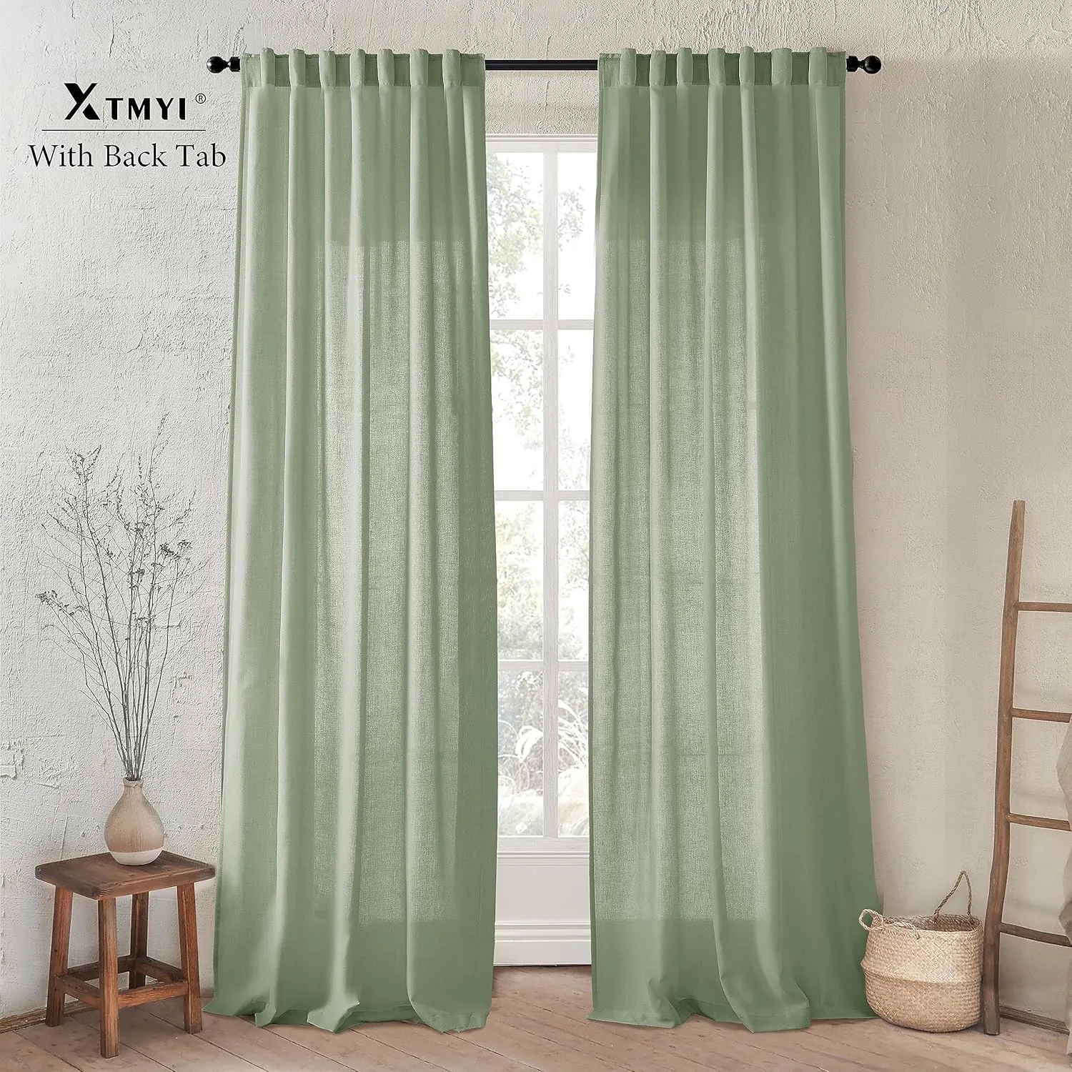 XTMYI Sage Green Curtains 84 Inches Long for Living Room,Window Coverings 60-70% Heat Blocking Hooks Pleated Back Tab Linen Summer Curtains for Bedroom,84 Inch Length 2 Panels Set,Light Green