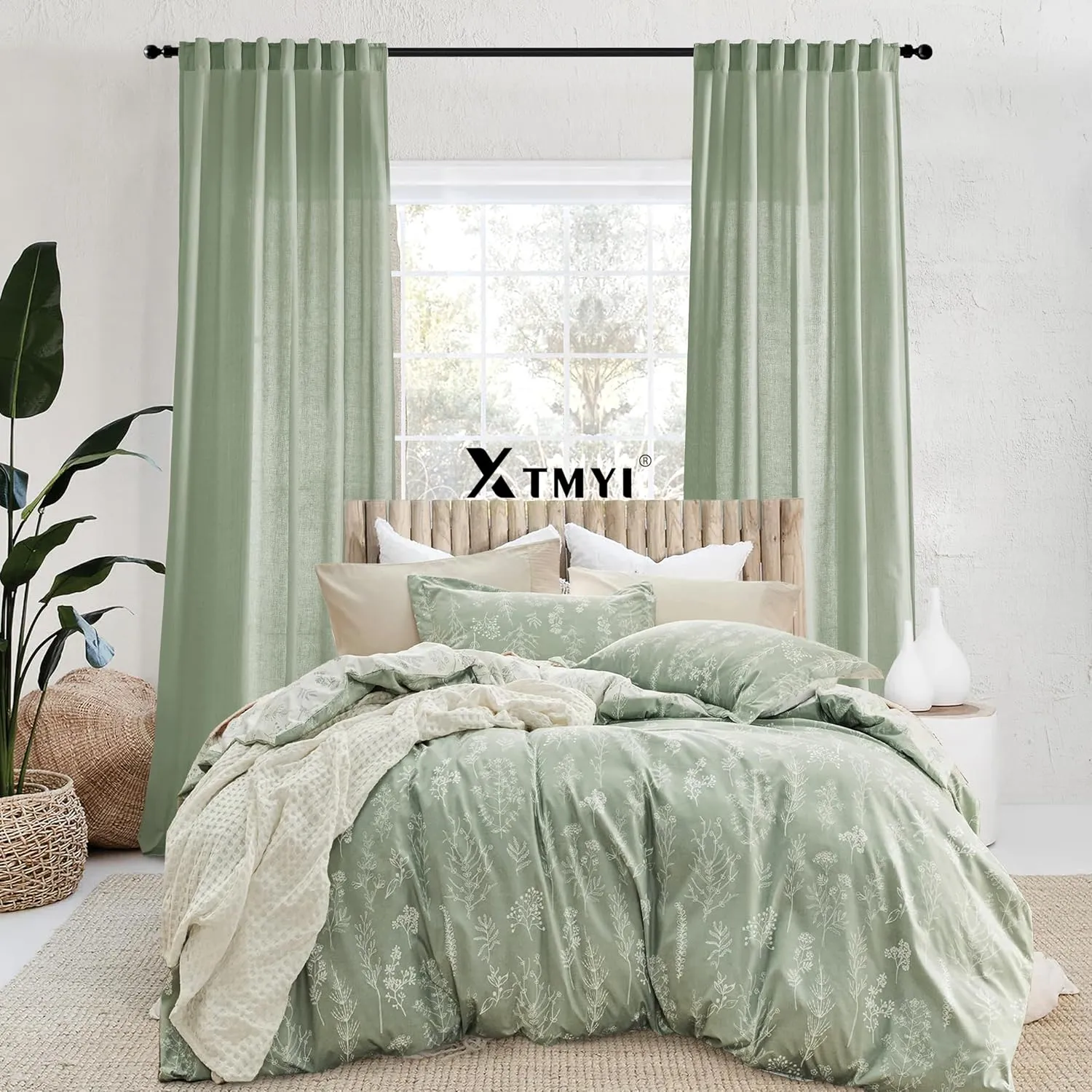 XTMYI Sage Green Curtains 84 Inches Long for Living Room,Window Coverings 60-70% Heat Blocking Hooks Pleated Back Tab Linen Summer Curtains for Bedroom,84 Inch Length 2 Panels Set,Light Green