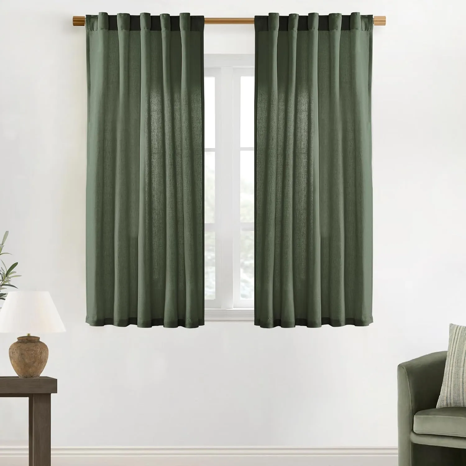 XTMYI Short Curtains for Bedroom,Pole Pocket Back Tab Linen Boho Small Curtain for Kitchen Shower Bathroom Window,54 Inch Length,Dark Olive Green