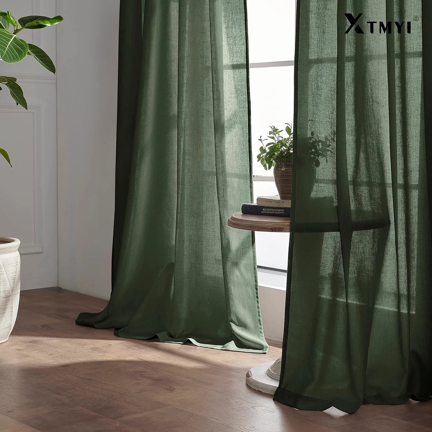 XTMYI Short Curtains for Bedroom,Pole Pocket Back Tab Linen Boho Small Curtain for Kitchen Shower Bathroom Window,54 Inch Length,Dark Olive Green