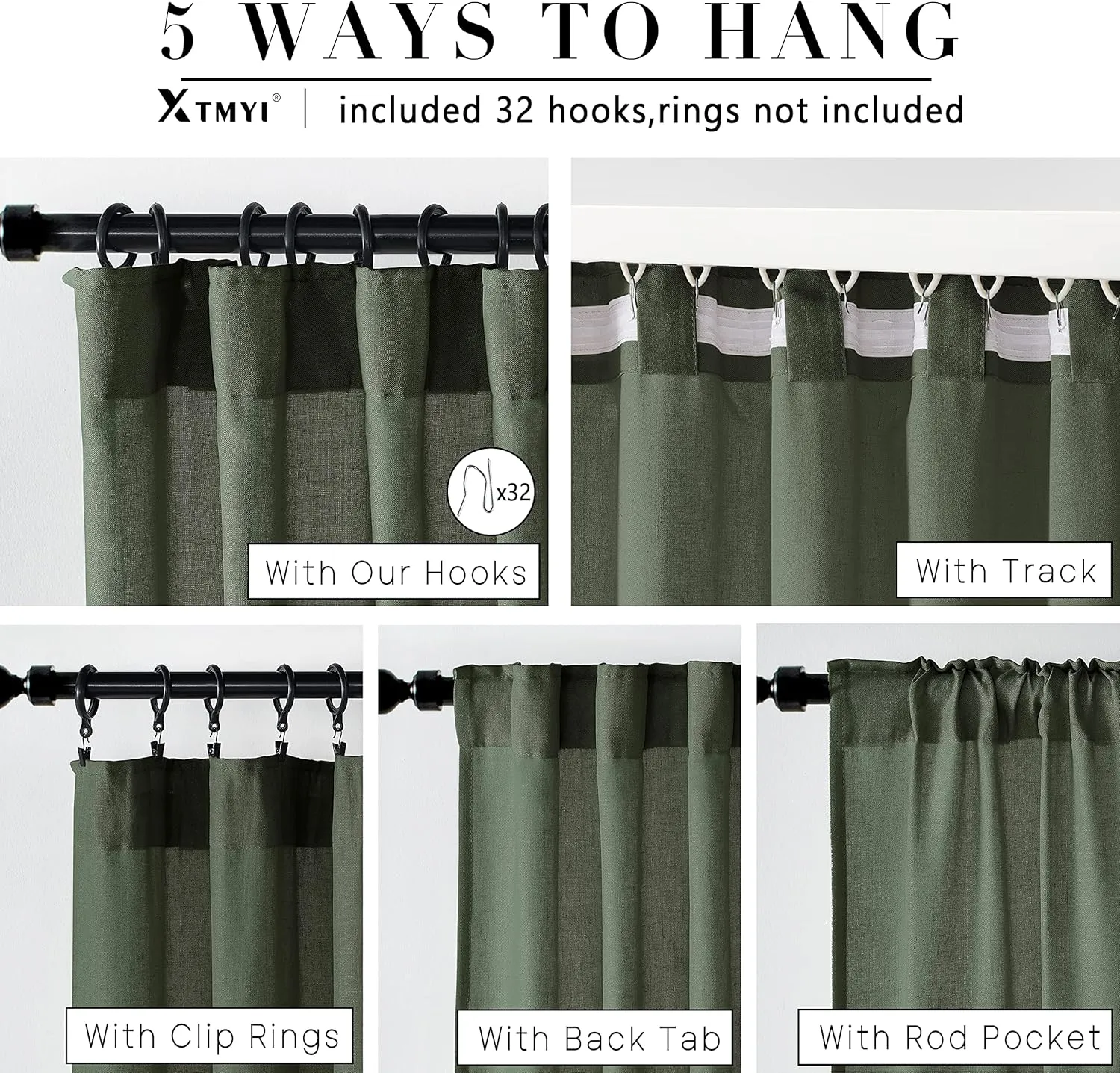 XTMYI Short Curtains for Bedroom,Pole Pocket Back Tab Linen Boho Small Curtain for Kitchen Shower Bathroom Window,54 Inch Length,Dark Olive Green