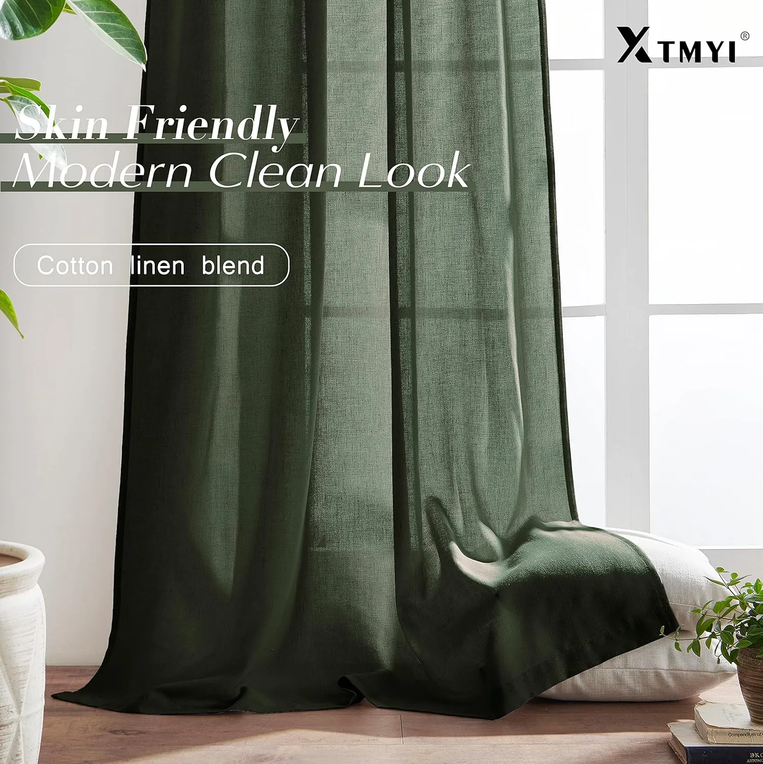 XTMYI Short Curtains for Bedroom,Pole Pocket Back Tab Linen Boho Small Curtain for Kitchen Shower Bathroom Window,54 Inch Length,Dark Olive Green