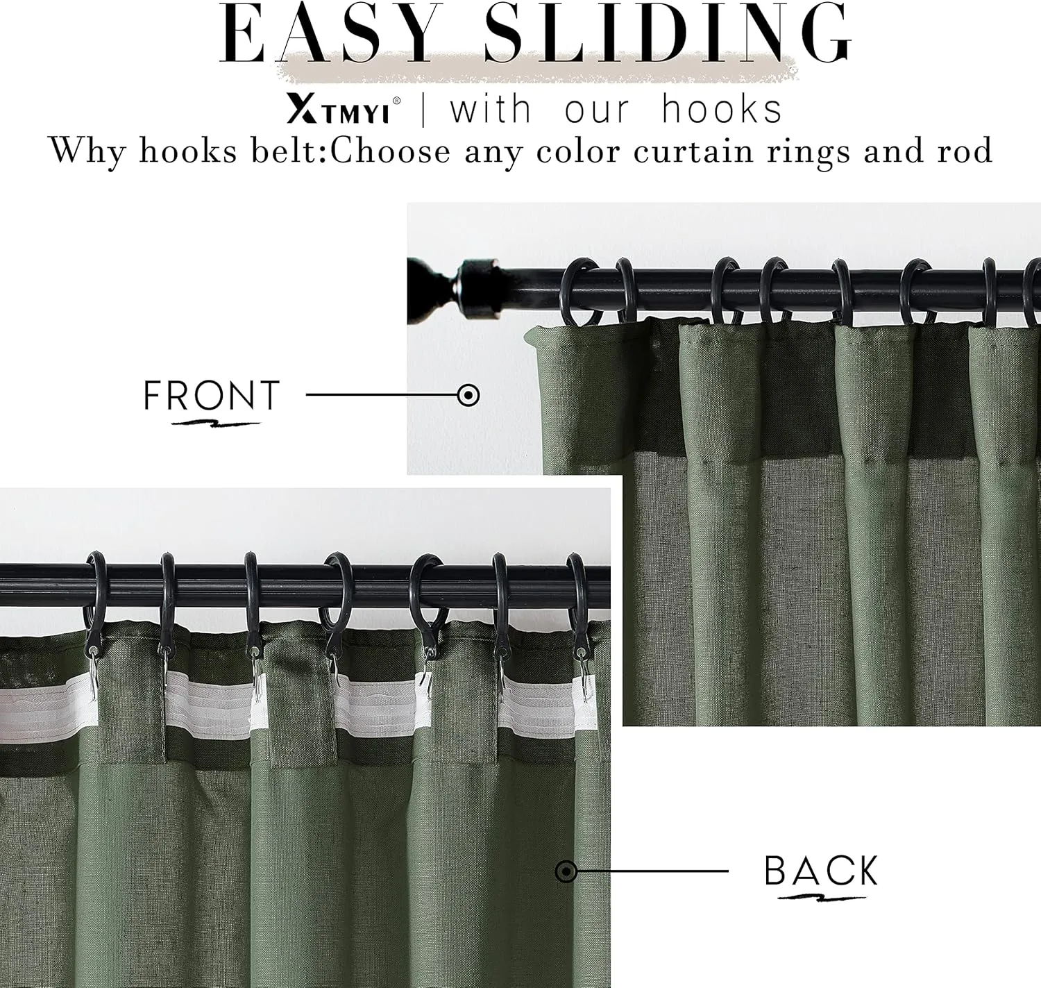 XTMYI Short Curtains for Bedroom,Pole Pocket Back Tab Linen Boho Small Curtain for Kitchen Shower Bathroom Window,54 Inch Length,Dark Olive Green