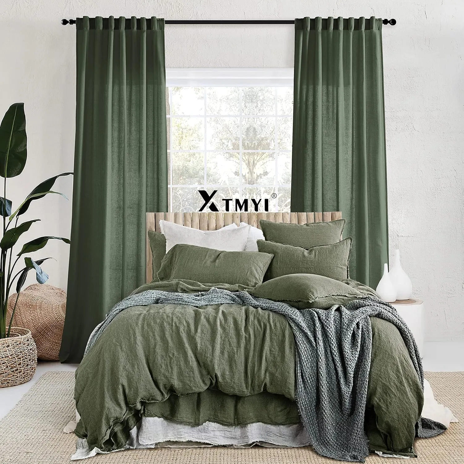 XTMYI Short Curtains for Bedroom,Pole Pocket Back Tab Linen Boho Small Curtain for Kitchen Shower Bathroom Window,54 Inch Length,Dark Olive Green