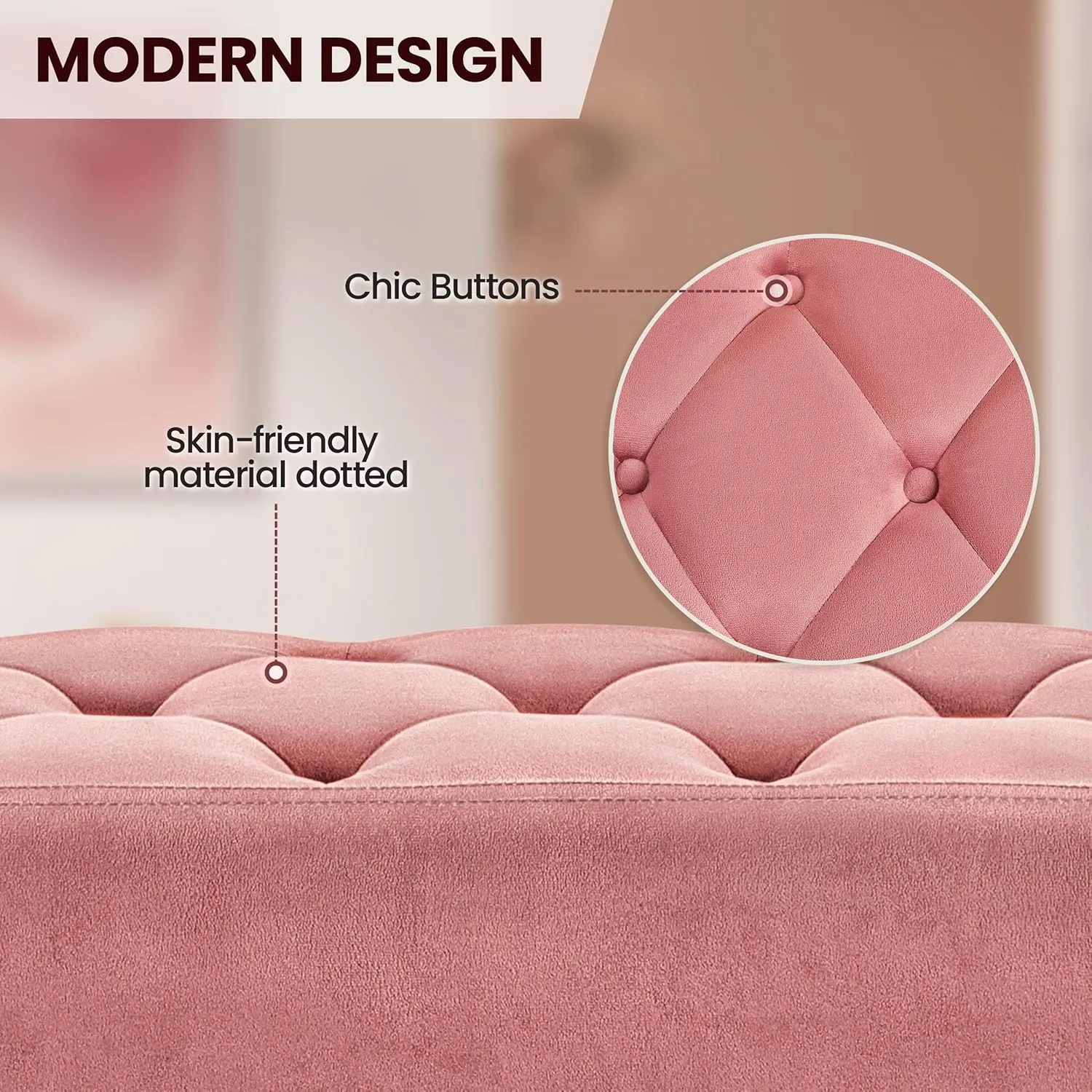 Yaheetech Modern Ottoman Bench Velvet Bench Upholstered Footrest for Living Room with Gold Metal Legs and Padded Seat Pink