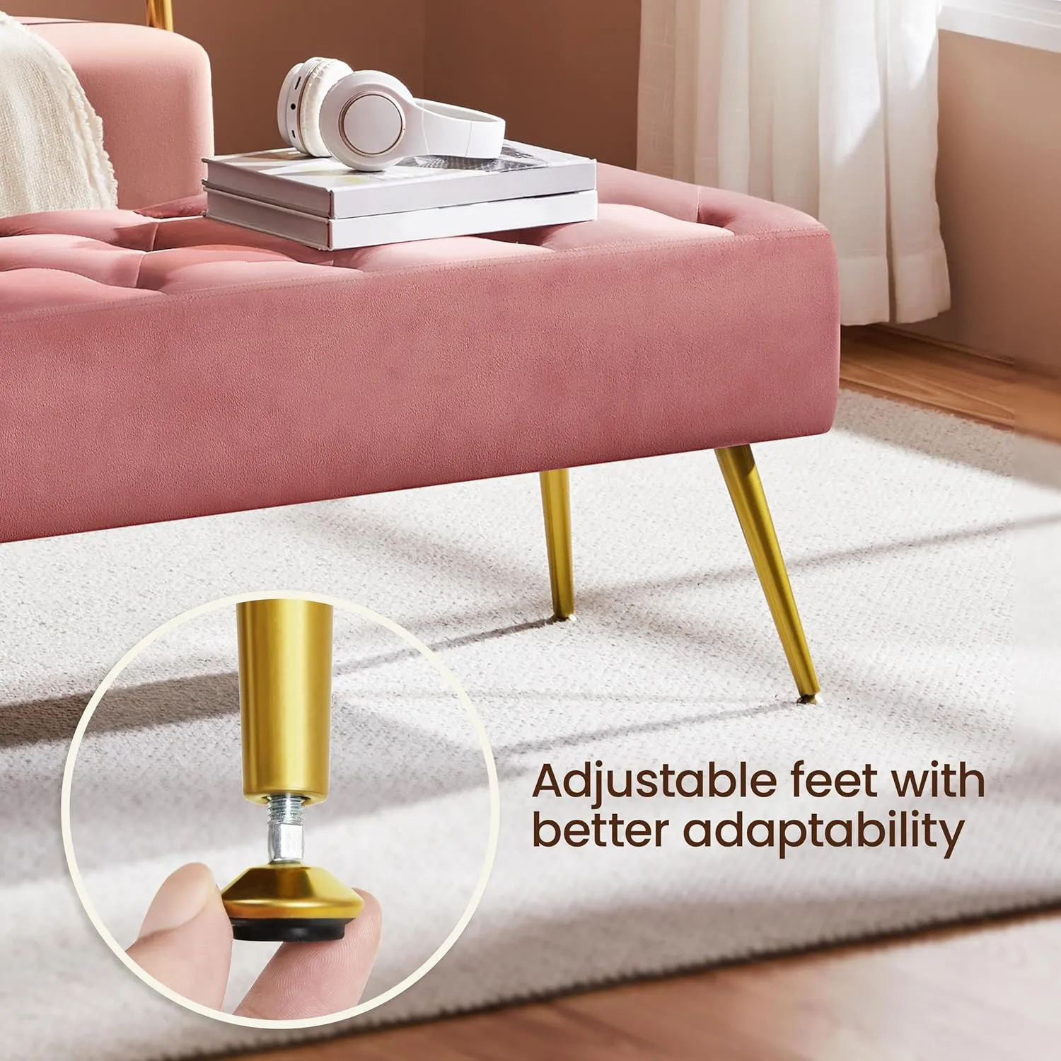 Yaheetech Modern Ottoman Bench Velvet Bench Upholstered Footrest for Living Room with Gold Metal Legs and Padded Seat Pink