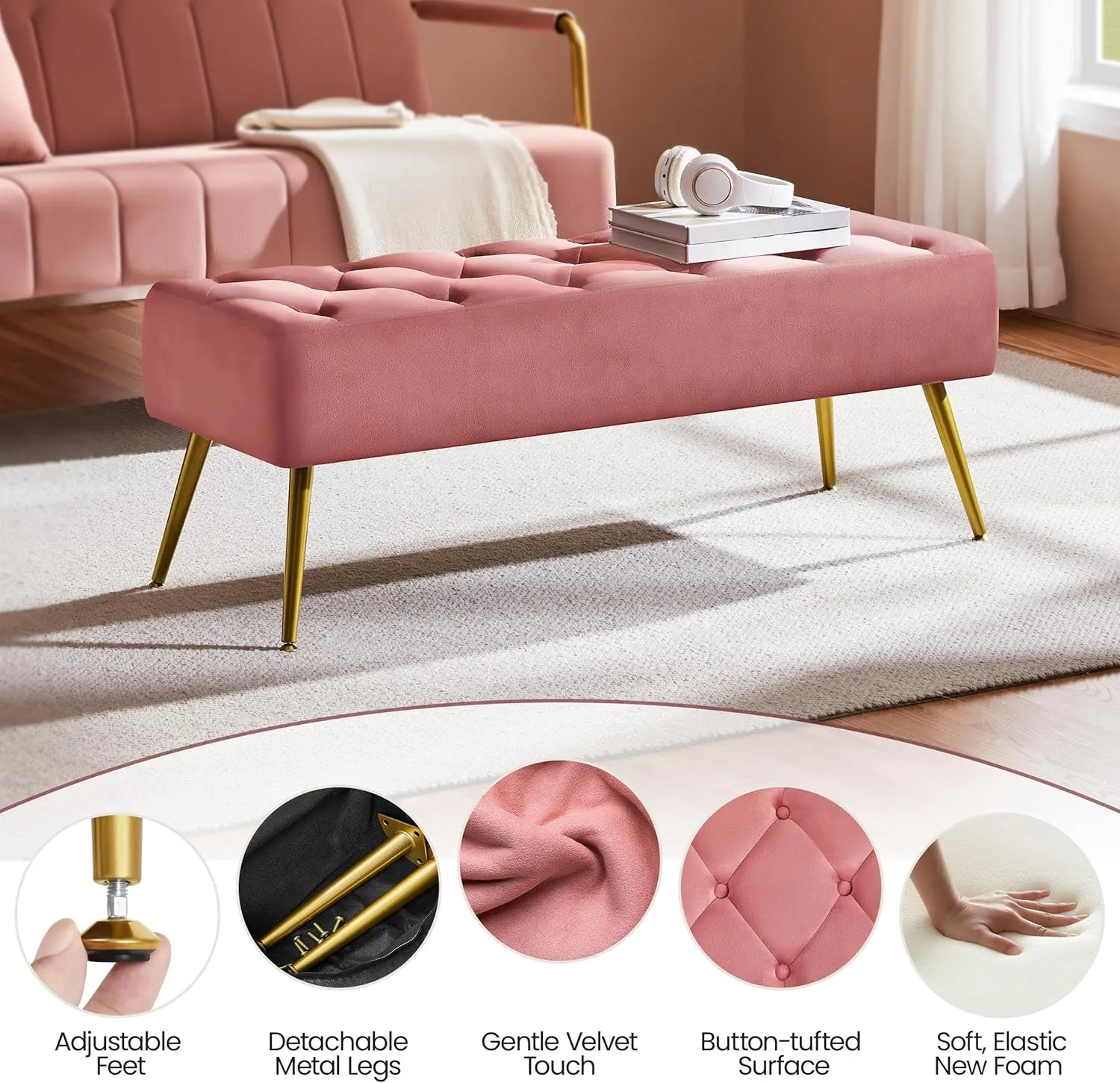 Yaheetech Modern Ottoman Bench Velvet Bench Upholstered Footrest for Living Room with Gold Metal Legs and Padded Seat Pink