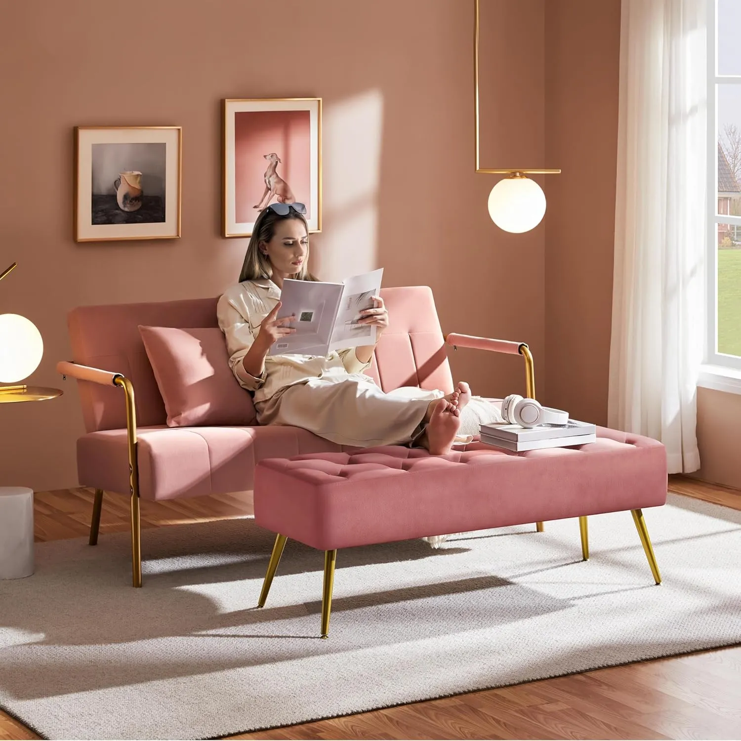 Yaheetech Modern Ottoman Bench Velvet Bench Upholstered Footrest for Living Room with Gold Metal Legs and Padded Seat Pink