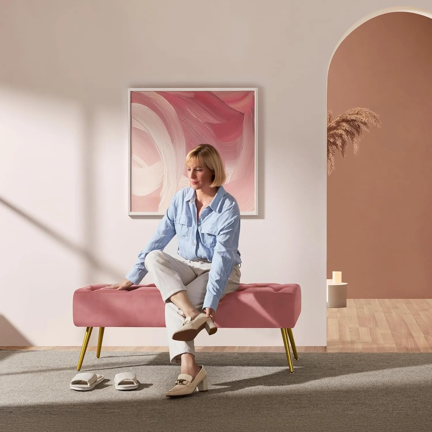 Yaheetech Modern Ottoman Bench Velvet Bench Upholstered Footrest for Living Room with Gold Metal Legs and Padded Seat Pink