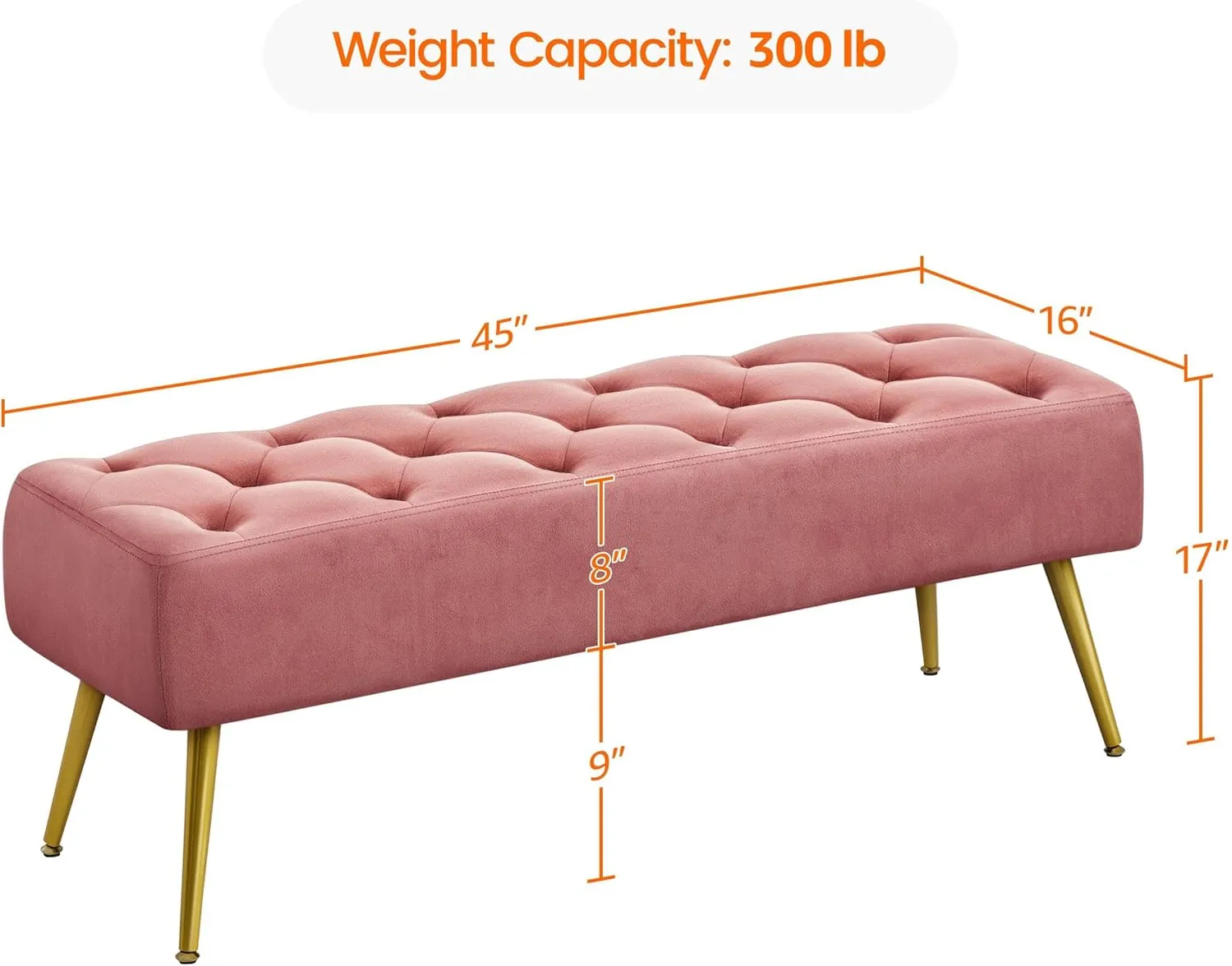 Yaheetech Modern Ottoman Bench Velvet Bench Upholstered Footrest for Living Room with Gold Metal Legs and Padded Seat Pink