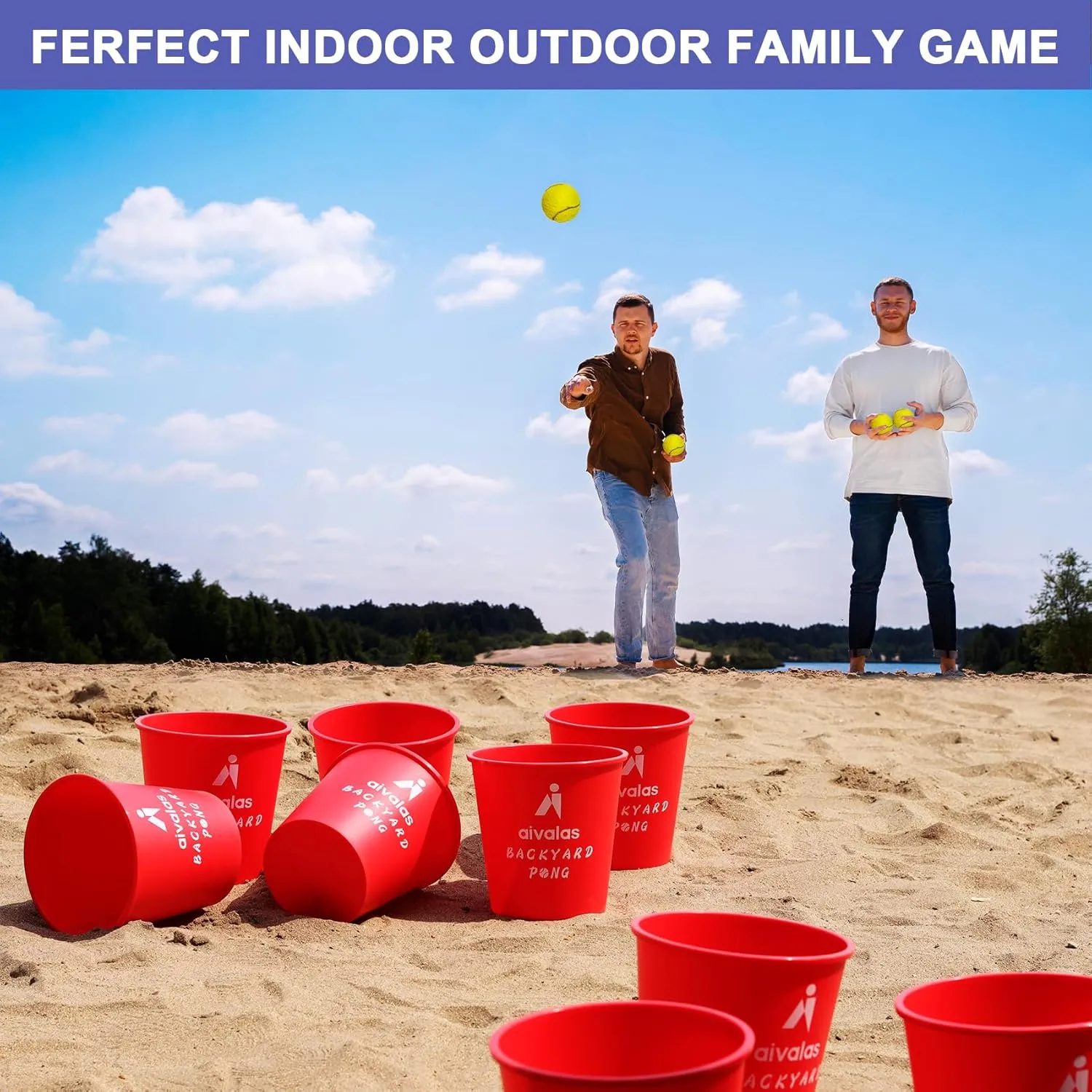 Yard Pong Outdoor Games, Giant Yard Games Set with 12 Buckets and Balls for Adults and Family, Toss Game Throwing Games for Beach, Camping, Lawn and Backyard