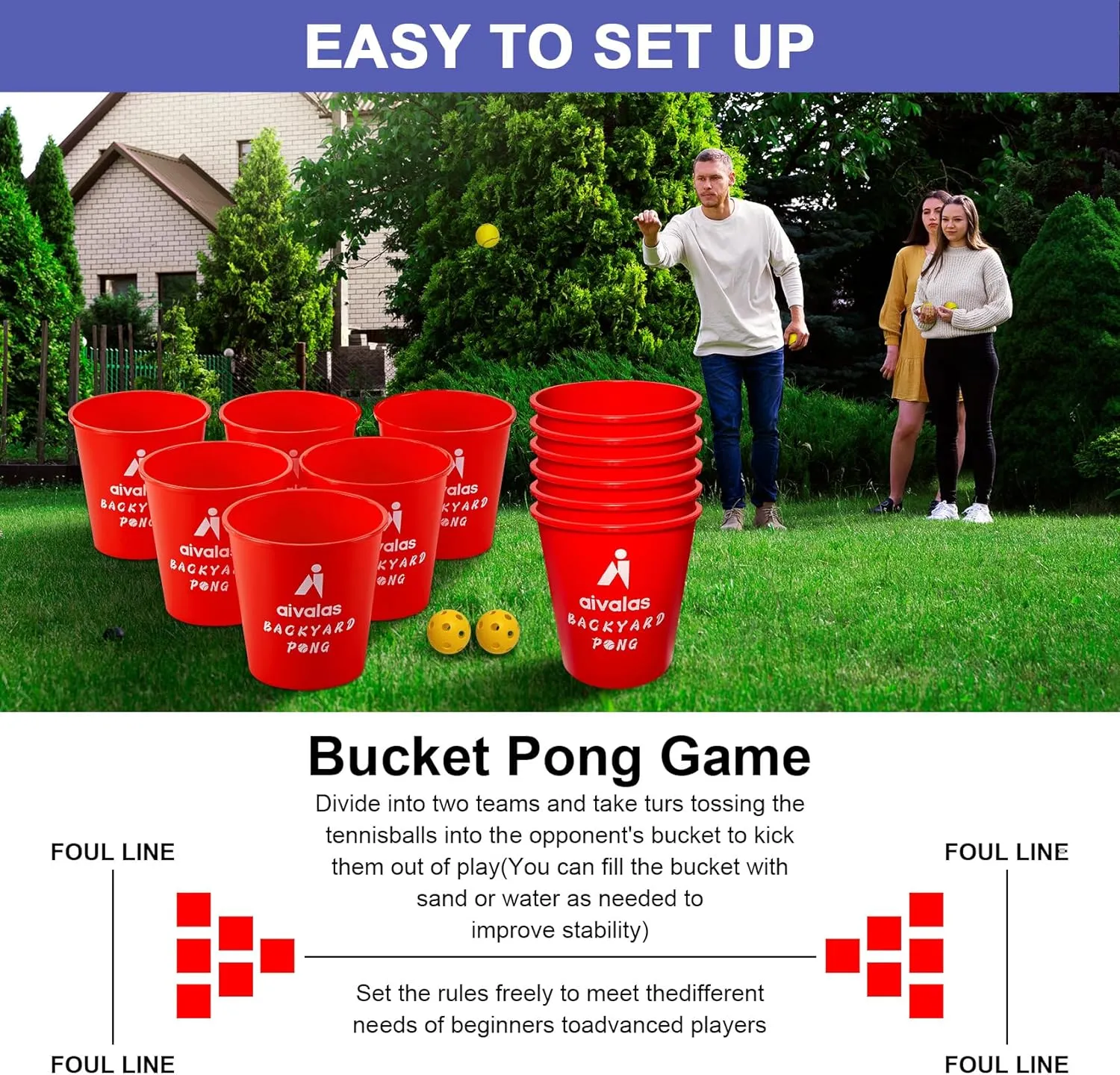 Yard Pong Outdoor Games, Giant Yard Games Set with 12 Buckets and Balls for Adults and Family, Toss Game Throwing Games for Beach, Camping, Lawn and Backyard