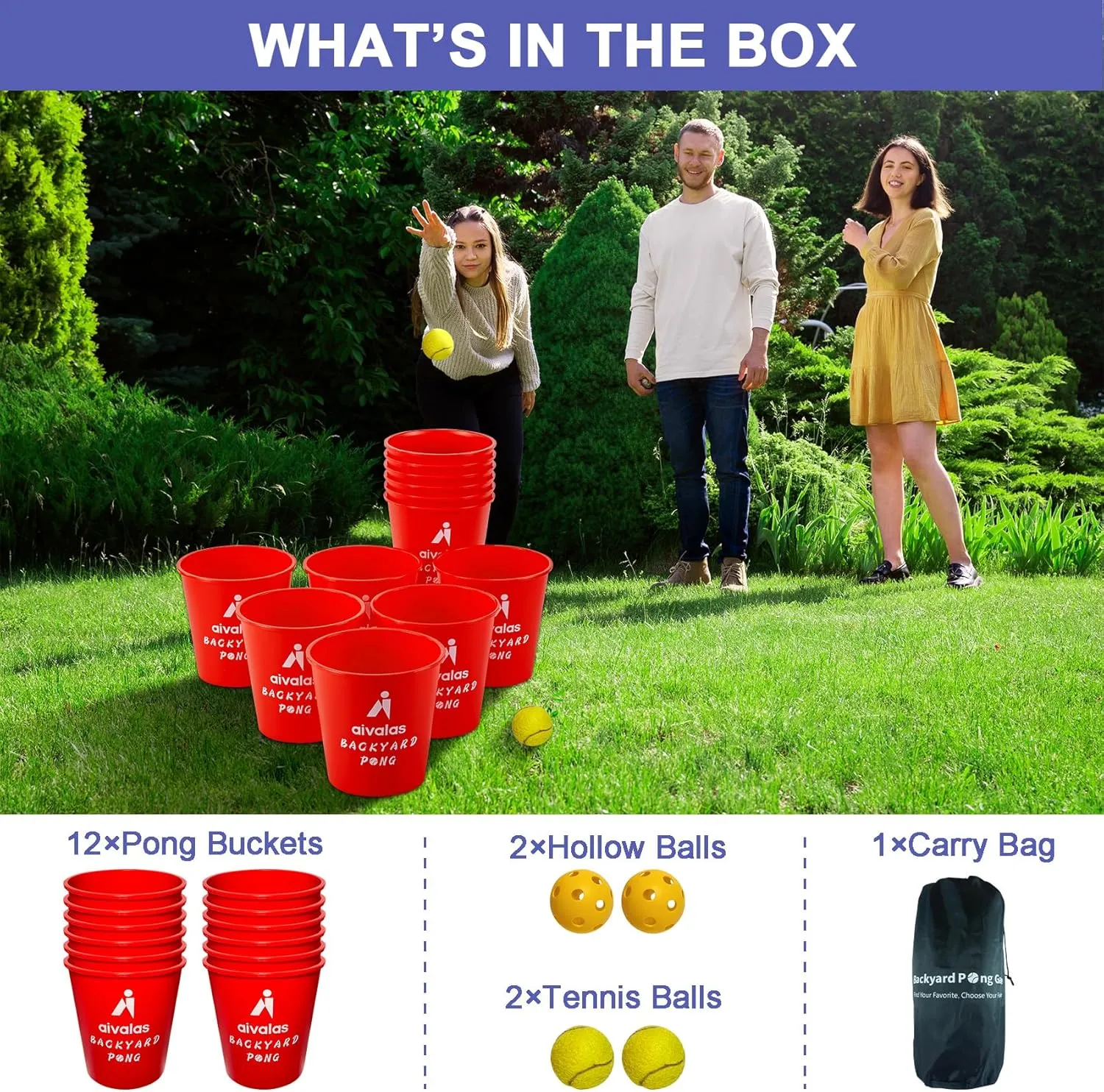 Yard Pong Outdoor Games, Giant Yard Games Set with 12 Buckets and Balls for Adults and Family, Toss Game Throwing Games for Beach, Camping, Lawn and Backyard