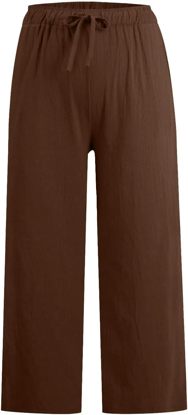 yardsong Capri Pants for Women Cotton Linen Summer Casual Cropped Pants Drawstring Elastic Waist Wide Leg Capris with Pockets
