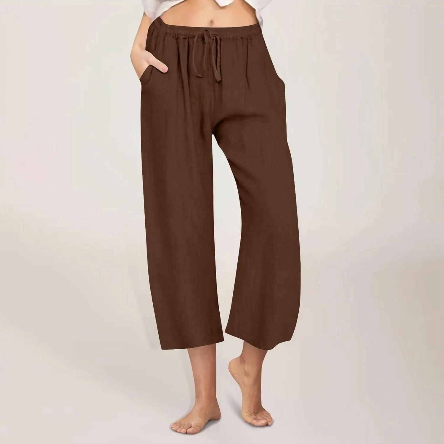 yardsong Capri Pants for Women Cotton Linen Summer Casual Cropped Pants Drawstring Elastic Waist Wide Leg Capris with Pockets