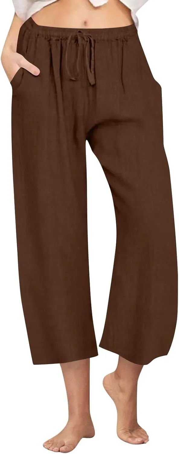 yardsong Capri Pants for Women Cotton Linen Summer Casual Cropped Pants Drawstring Elastic Waist Wide Leg Capris with Pockets