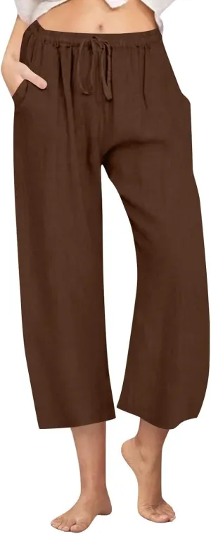 yardsong Capri Pants for Women Cotton Linen Summer Casual Cropped Pants Drawstring Elastic Waist Wide Leg Capris with Pockets