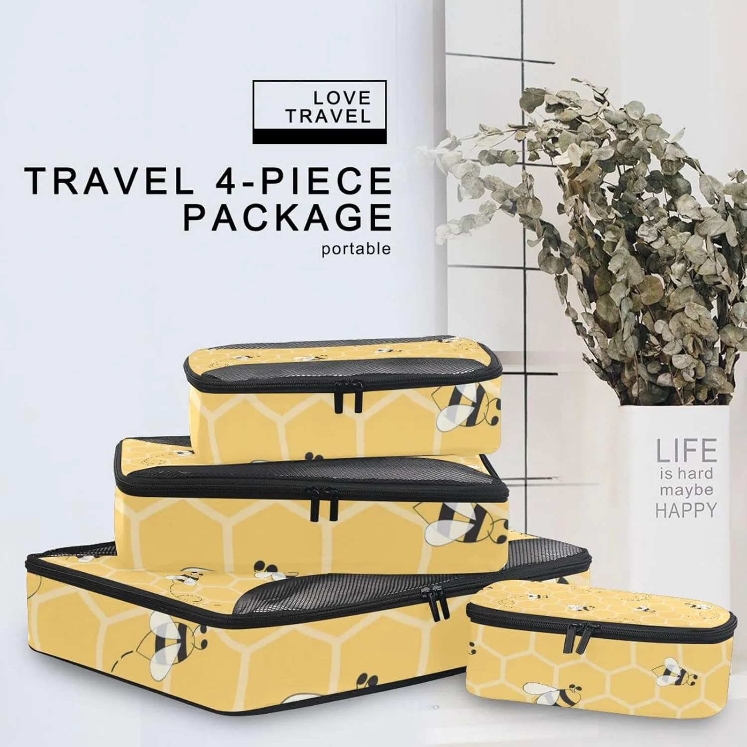 Yellow Honeycomb With Seamless Honey Bees 4 PCs Set Packing Bags, Luggage Organizer Bag, Portable Cube Toiletry bag, Durable Travel Cosmetic Storage Bag for Men Women