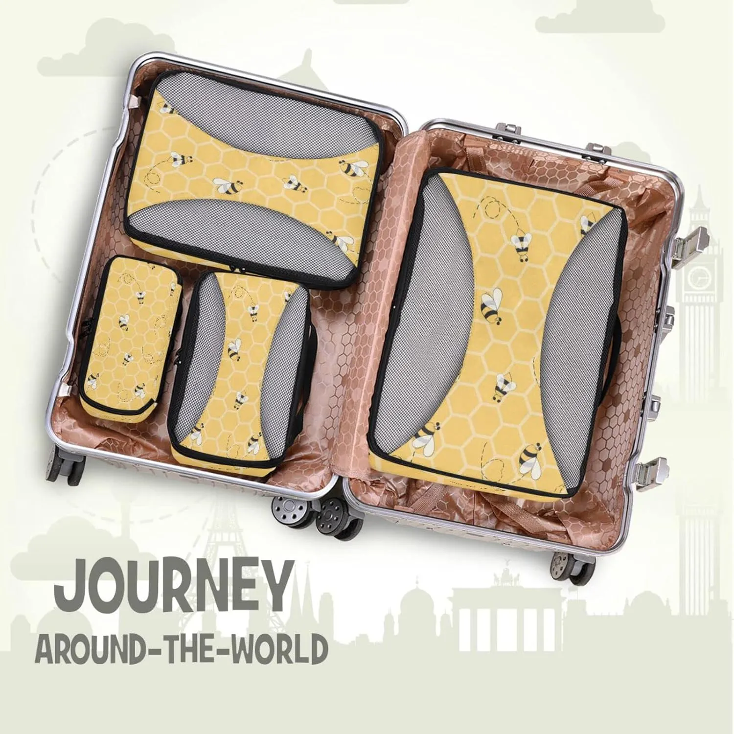 Yellow Honeycomb With Seamless Honey Bees 4 PCs Set Packing Bags, Luggage Organizer Bag, Portable Cube Toiletry bag, Durable Travel Cosmetic Storage Bag for Men Women