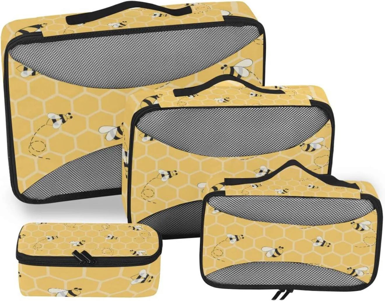Yellow Honeycomb With Seamless Honey Bees 4 PCs Set Packing Bags, Luggage Organizer Bag, Portable Cube Toiletry bag, Durable Travel Cosmetic Storage Bag for Men Women