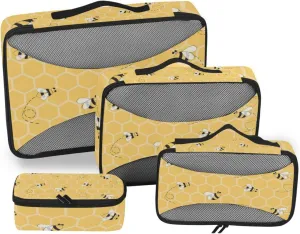 Yellow Honeycomb With Seamless Honey Bees 4 PCs Set Packing Bags, Luggage Organizer Bag, Portable Cube Toiletry bag, Durable Travel Cosmetic Storage Bag for Men Women